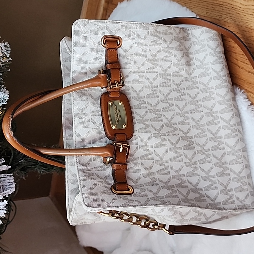 Michael Kors White and Brown Tote Bag